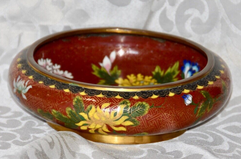 Chinese Cloisonné Enamel and Brass Bowl With Blossoming Colorful Flowers